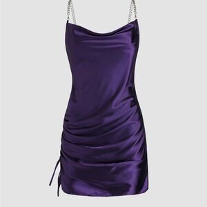 CHAIN DETAIL SATIN RUCHED MINI DRESS